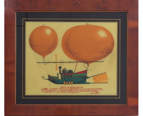 Matteson's Semi Rigid Directable Ship, color lithograph in mahogany veneer frame, 60x70 cm