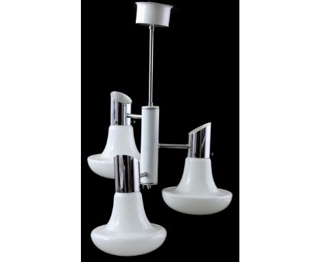 Chrome-plated metal and aluminum 3-light hanging lamp with opaline shades, 62 cm high