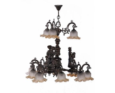 Zamak with wood 12-light hanging lamp decorated with 3 figures playing bagpipes, with glass pleated shades, 83 cm high, 80 cm