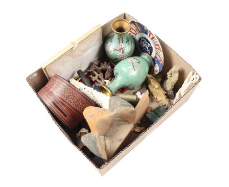 Box asiatica b.u.3 cloissoné vases, wood carvings, mask, plastic statues, prayer wheel, Imari plate, travel box, lidded box w