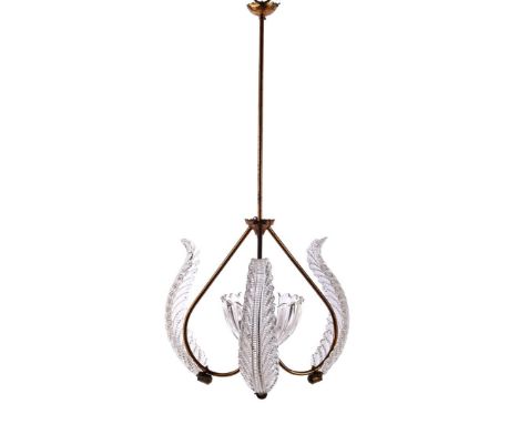 1-light hanging lamp with glass leaves and copper fixture, attributed to Barovier&amp;Toso, 86 cm high