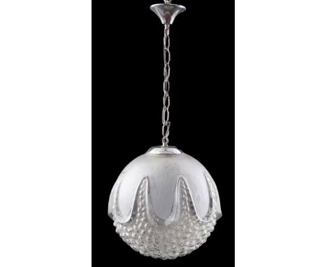 Metal Art Deco style hanging lamp with glass ball with relief decor, 70 cm long, 30 cm diameter