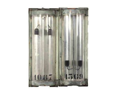 2 industrial metal 2-light wall lamps with plastic shade with numbers 1087 and 1369, 70 cm high