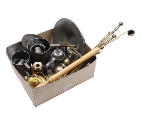 Box with pewter fruit bowl, measuring jugs, teapot, brass pen candlestick, shaving basin, sconce, hunting horn, bowl, teapot,