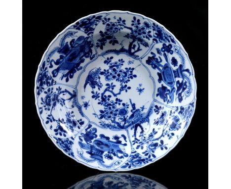 Porcelain dish with contoured edge and blue decor of 2 cranes and surrounding floral decor in cartouches and 3 flower vases w