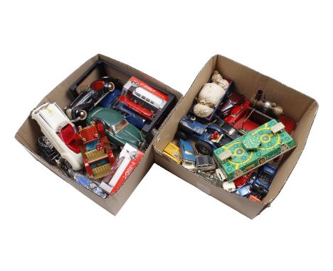 2 boxes with scale model cars, toy cars including Corgi Toys, steam engine and tin wind-up toys