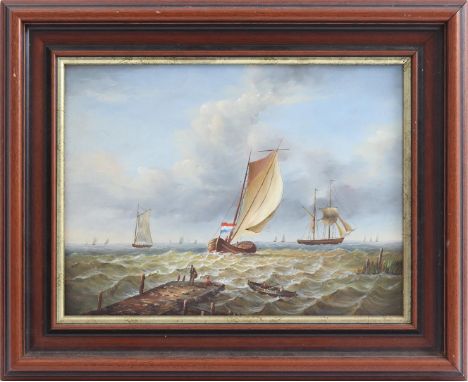 Anonymous, ships in front of the harbor head, panel after an old master, 30x40 cm