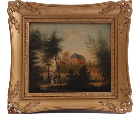 Anonymous, figures on a sandy path along the river and figures on the bridge behind which a kind of castle, 19th century pane
