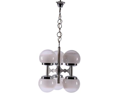 Chrome-plated metal and aluminum 6-light hanging lamp with glass balls with gradient, Germany 1970s, 110 cm high