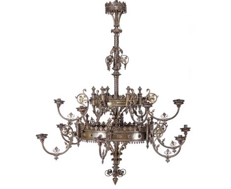 Neo-Gothic brass 12-light double crown lamp, 20th century, 140 cm high and 126 cm diameter