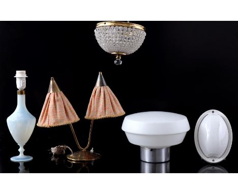 5 various lamps, incl. opaline glass table lamp and brass 2-light table lamp with upholstered shades, 36 cm high