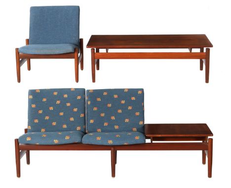 Gunnar Sørlie (1920-1999)Teak veneer modular seating and table system with blue and polychrome upholstery, design Gunnar Sørl