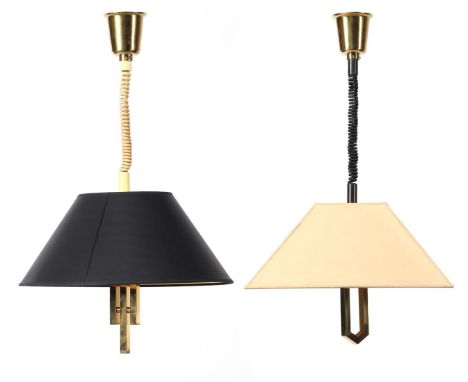 2 brass 2-light hanging lamps with round black/gold-colored shade and square beige shade, from Lustrerie Deknudt, ca. 1980, 7