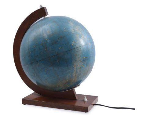 Glass astrological German-language globe with notes meridian and base and lighting, 43 cm high (damage)