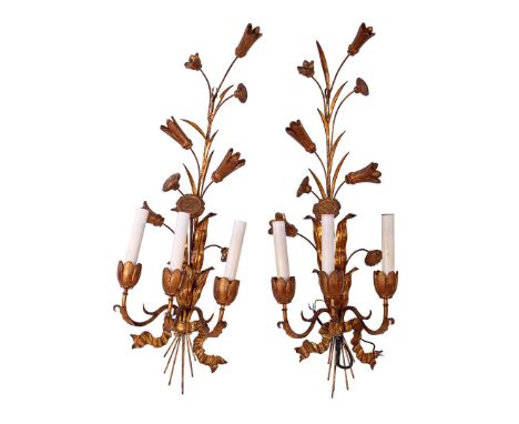 2 bronze-colored 3-light wall lamps with floral decor, 80 cm high, 26 cm wide
