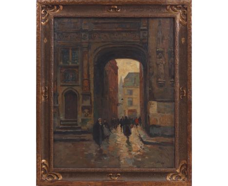 Ben Viegers (1886-1947)Cityscape with many figures at the gate, canvas 74x60 cm
