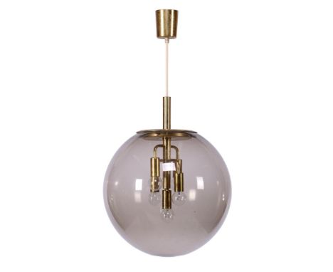 5-light smoked glass ball lamp with copper frame, Doria Leuchten, Germany 1960s, 40 cm diameter