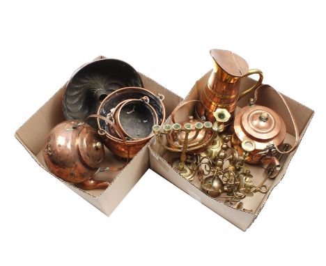 Lot of copperware including kettles, pudding moulds, milk jug, handle pots, candlesticks, 6-light bulb crown 26 cm diameter a