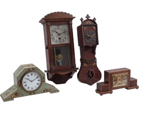 2 miniature wall clocks including Junghans, 34 cm and 35 cm high and 2 table clocks with alarm clock movements, 10 cm and 13 