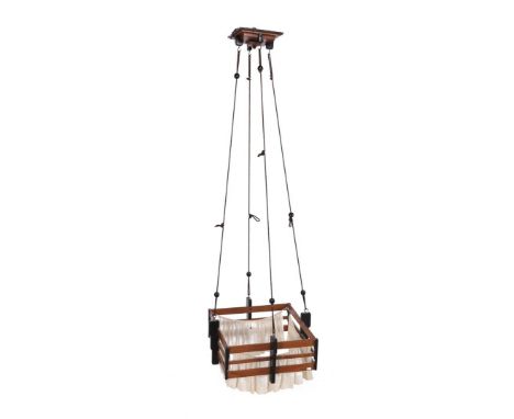 Oak Art Deco hanging lamp with blackened parts and upholstered edge, ca. 1930, 60x60 cm