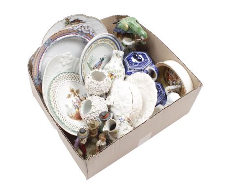 Box with various porcelain and earthenware including Quimper, Copeland Spode, Limoges, Alfred B. Pearce London, Volkstedt Rud