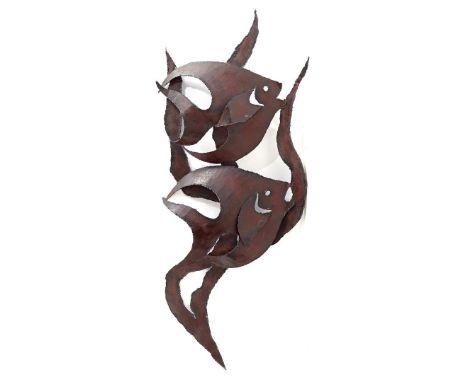 Signed Moy 59, metal 2-light lamp with decor of 2 fish, 100 cm high