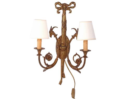 Classic brass 2-light wall chandelier with upholstered shades, 52 cm high, 37 cm wide