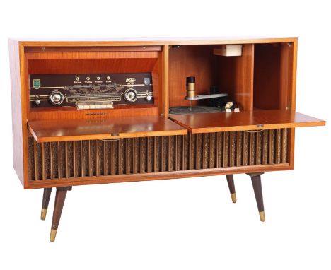 Teak veneer wall unit with Philips record player and radio, standing on tapered legs, Netherlands 1960s, 77 cm high, 110 cm w