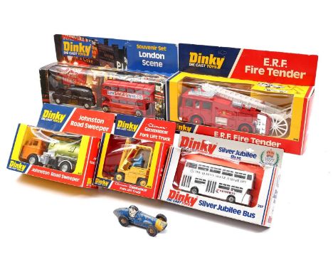 5 Meccano Dinky Die Cast Toys in box including London Scene, E.R.F. Fire Tender, Silver Jubilee Bus 1977, Fork Lift Truck, Jo