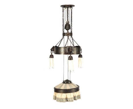 Copper 4-light Art Deco height-adjustable hanging lamp with fantasy head decoration, upholstered shade and upholstered shades