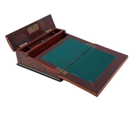 Burr walnut, mahogany and rosewood veneer writing box with brass and mother-of-pearl inlay and parquetry, with working lock w