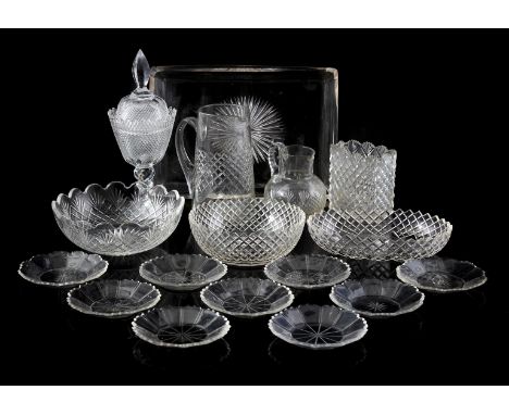 17 pieces of cut crystal including diamond crystal, saucers, bowls, lidded coupe, vase and jugs