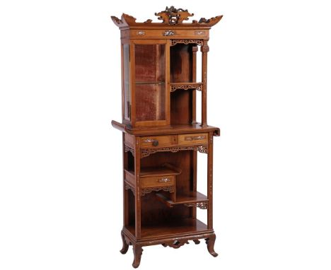 Walnut show cabinet with mother-of-pearl inlaid decoration, various stitchwork, copper dragon on patterned shade, facet cut g