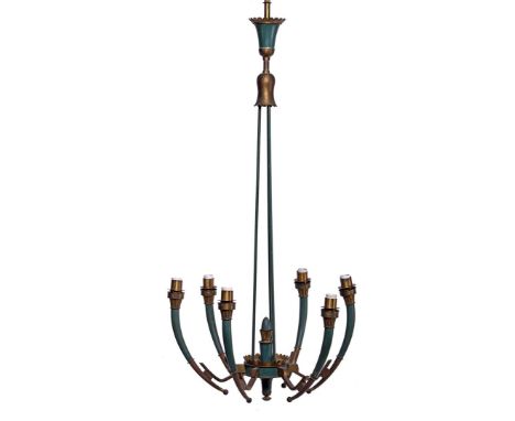 Brass 6-light chandelier with green accents, second half of the 20th century, 115 cm high