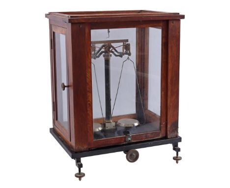 Walnut pharmacist's scale with address F. Sattorius Göttingen, 51 cm high, 39 cm wide and 32 cm deep