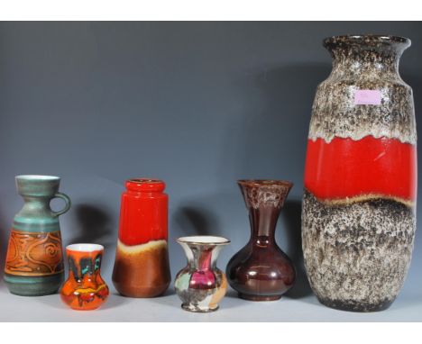 A collection of West German and vintage studio art pottery to include a large mottled lava vase, a small lustre vase, a bulbo