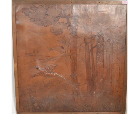 A early 20th Century Art Deco 1920's leather relief framed wall artwork picture depicting a landscape scene with pheasants, t