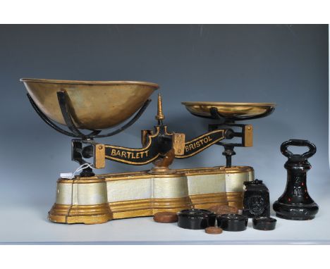 A vintage 20th Century&nbsp;Bartlett Bristol brass &amp; cast iron&nbsp;set of&nbsp;shop&nbsp;scales, the base finished in a 