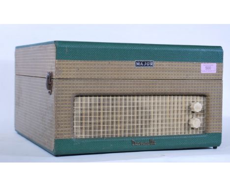 A vintage 20th Century Dansette Major two tone portable record player, carry handle to side, lift up lid opening to reveal fo