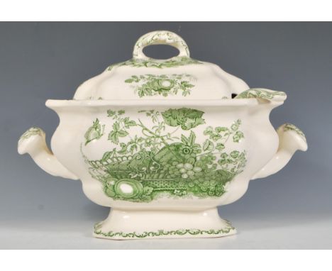 A 20th Century twin handled soup tureen and cover by Mason's Ironstone in the transfer printed green Fruit Basket pattern wit