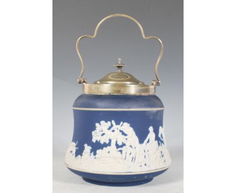 A 19th Century Adams of Tunstall blue and white jasperware biscuit barrel depicting a fox hunting scene&nbsp; having a silver
