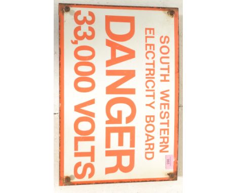 Enamel sign- A vintage 20th Century enamel sign reading 'South Western Electricity Board DANGER 33,000 Volts'. The rectangula
