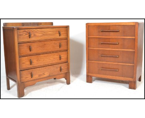 A 1930's Art Deco oak chest of drawers being raised on bracket feet with a&nbsp; bank of 4 drawers having pull handles togeth
