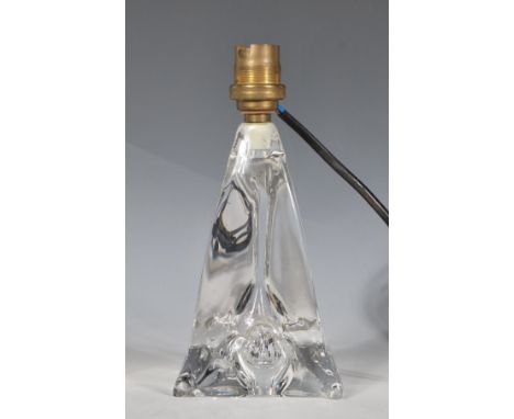 Cristallerie Lorraine France- A 20th Century clear glass table lamp of triangular form having moulded detailing throughout wi