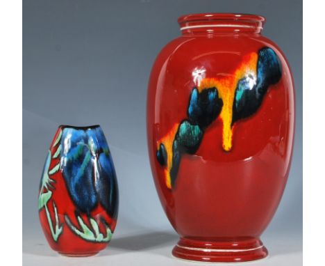 A Poole Pottery Delphis vase, possibly decorated by Cynthia Bennett, abstract pattern on orange / red ground, marked and mono
