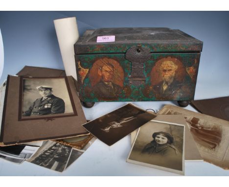 A vintage early 20th Century Co-Operative biscuit tin containing ephemera dating from the 19th Century to include portrait ph