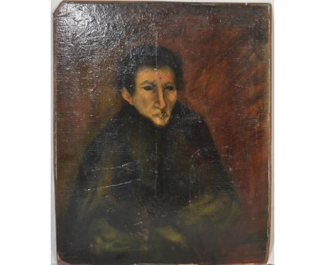 A 20th Century original oil on board painting depicting a portrait depicting a man in a fur coat having dark eyes on a deep b