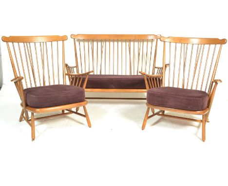 Ercol sofa suite design 1914 GD - A golden dawn Windsor Ercol sofa suite consisting of a two seater sofa / settee in beech an