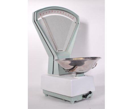 A retro mid 20th Century enamel painted shop / grocers scales by Avery in two tone colourway with the top half finished in a 