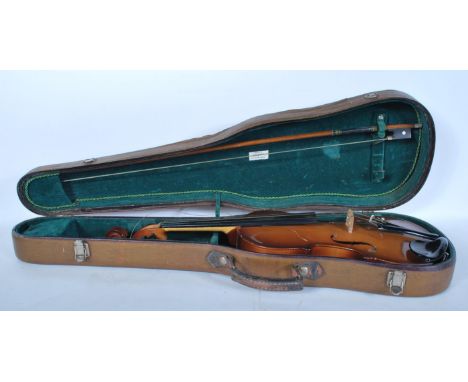 A vintage first half of the 20th Century cased violin and bow,&nbsp;two piece back, f holes to front, ebonised tuning pegs. R